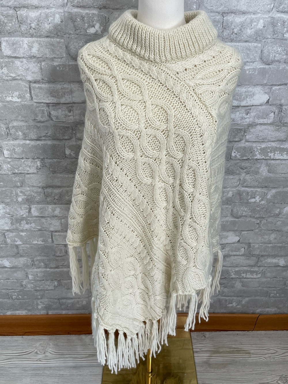 Apt. 9 Cream Cable-Knit Fringe Turtleneck Poncho